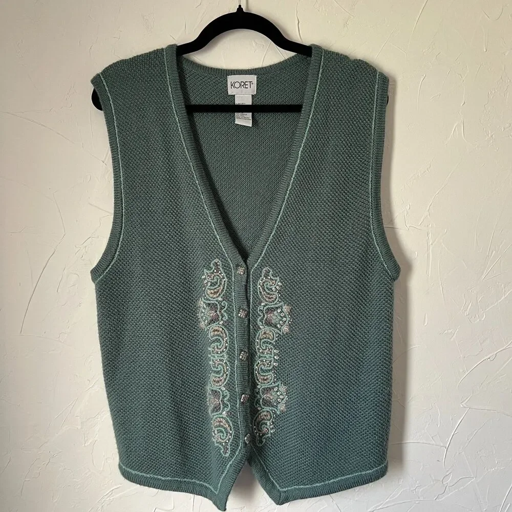 VTG Koret Teal Knit Sweater Vest Embroidered Wool Blend‎ Cottagecore Boho Size S